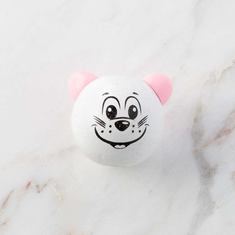 Loren 25 mm Wooden Cat Head Round Bead, WhiteWith Pink Ear