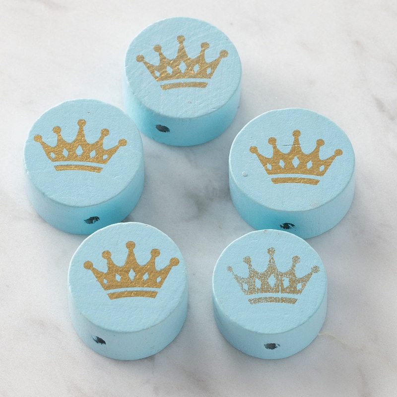 Loren 5 Pcs Wooden Round Bead, Blue Crown Printed