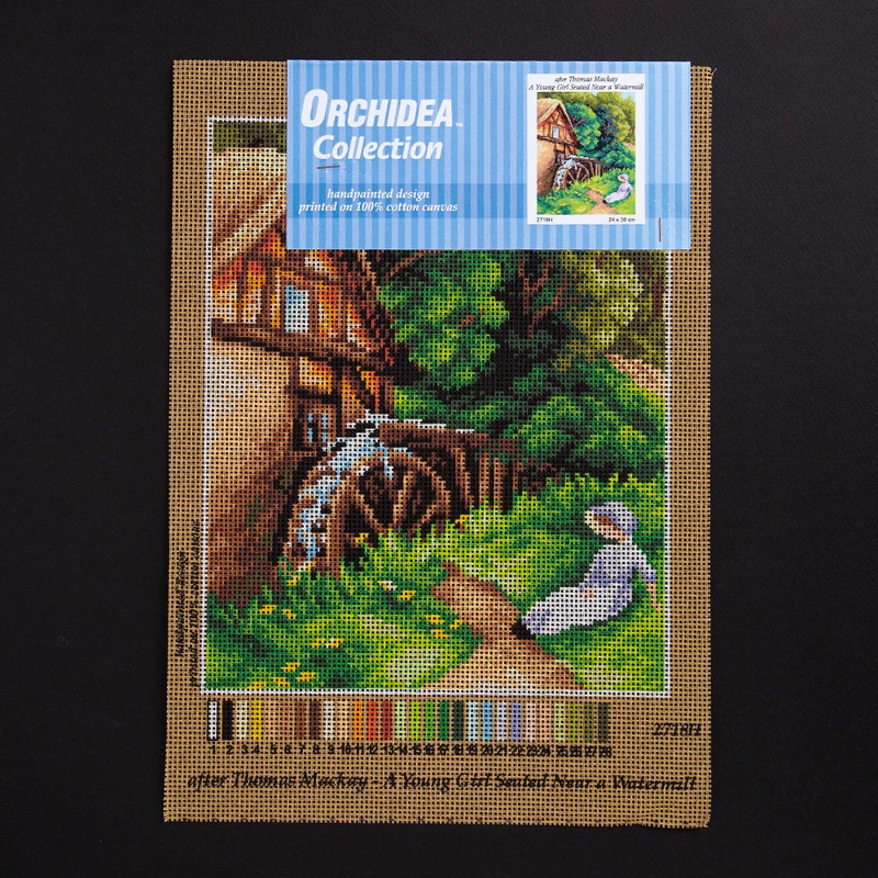 Orchidea 24x30cm Printed Gobelin, Thomas Mackay – A Young Girl Seated Near a Watermill – 2718H