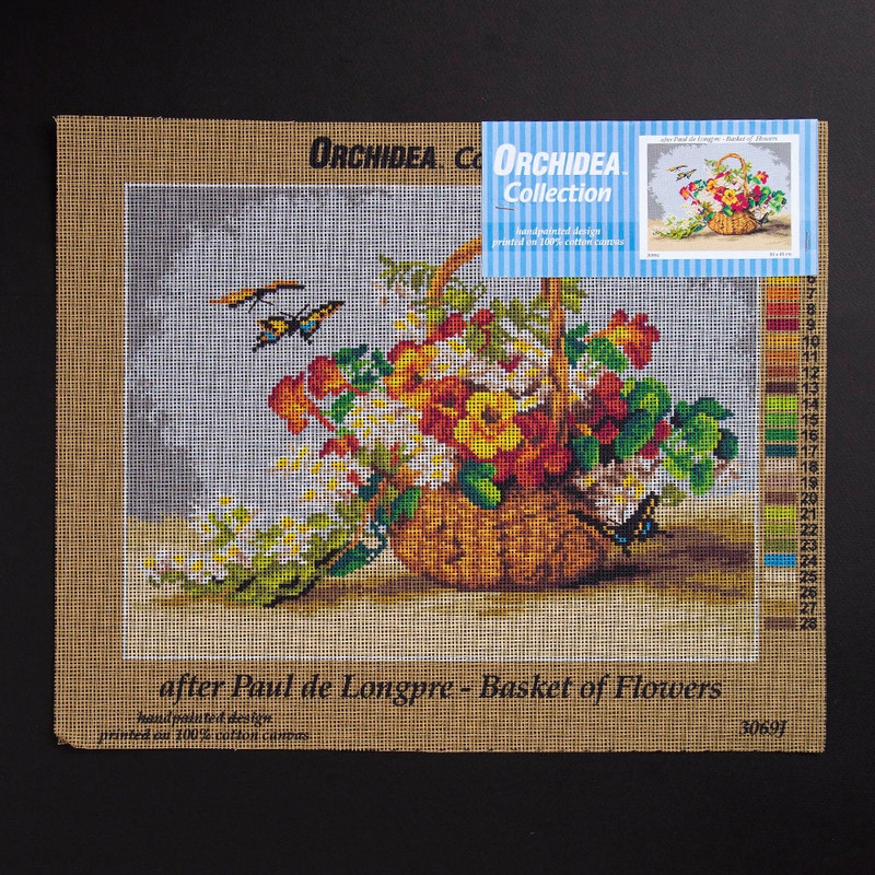 Orchidea 30x40cm Printed Gobelin, Paul de Longpre – Basket of Flowers – 3069J