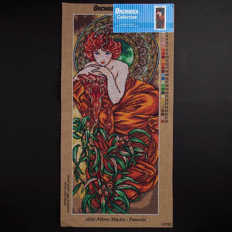 Orchidea 30x70cm Printed Gobelin, Alphonse Mucha – Emerald – 2429Q