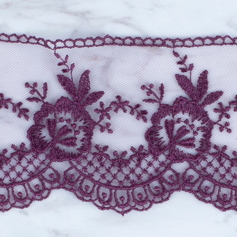 nel Lace Ribbon, 7 cm, Aubergine, Flower Patterned – 67