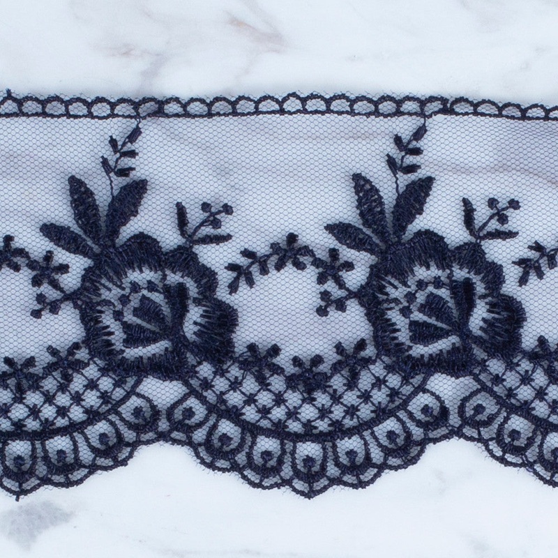 nel Lace Ribbon, 7 cm, Navy Blue, Flower Patterned – 67
