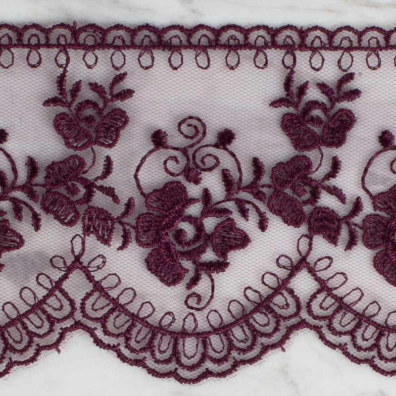 nel Lace Ribbon, 9 cm, Aubergine, Flower Patterned – 672