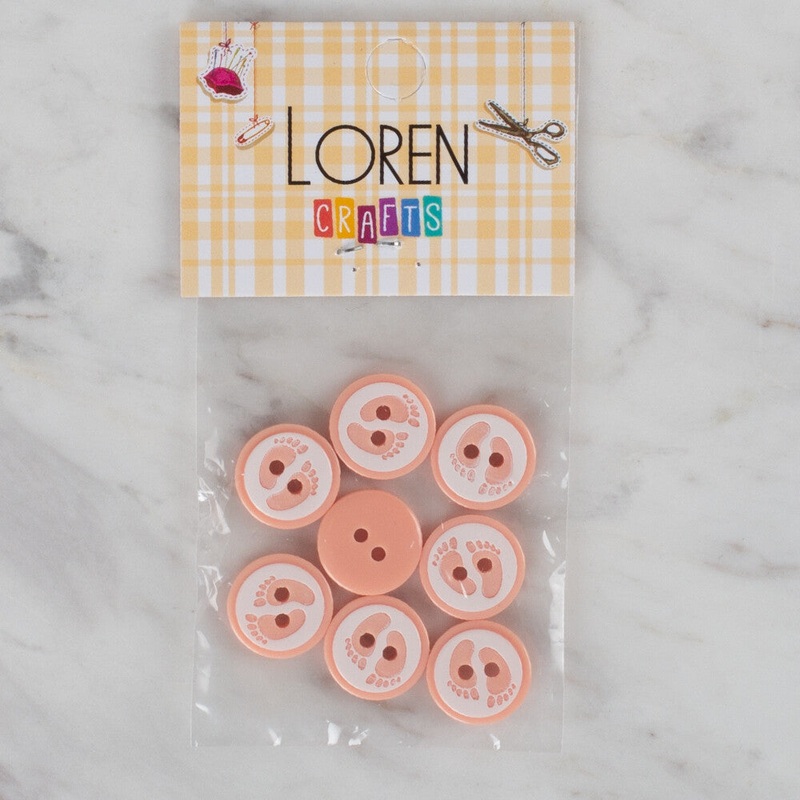Loren Crafts 8 Pack Foot Patterned Button, Pinkish Orange – 434