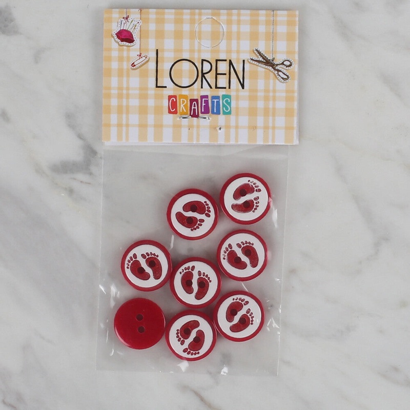Loren Crafts 8 Pack Foot Patterned Button, Red – 439