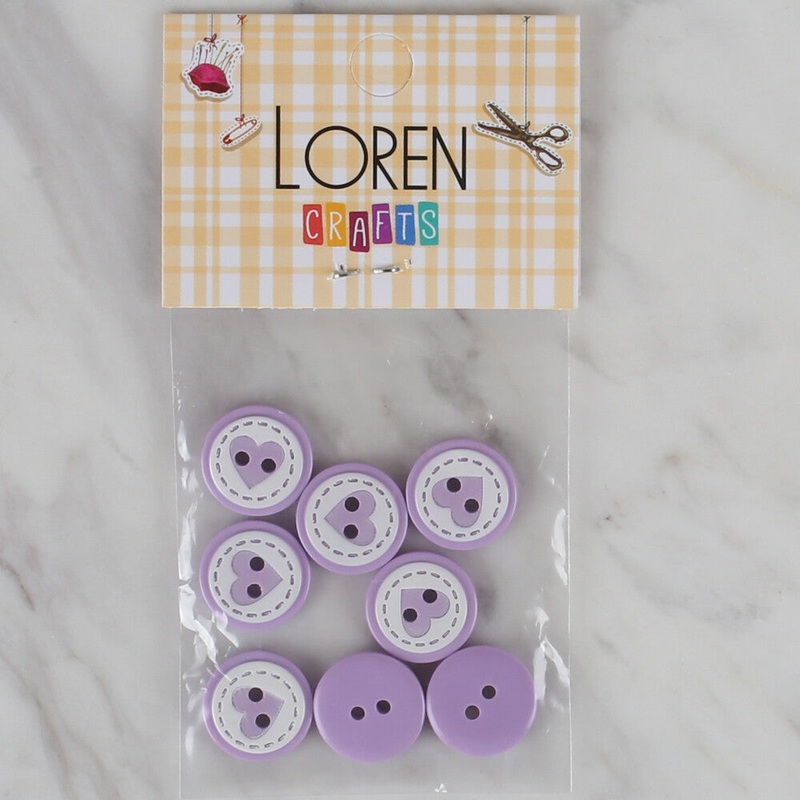 Loren Crafts 8 Pack Heart Patterned Button, Lilac – 474