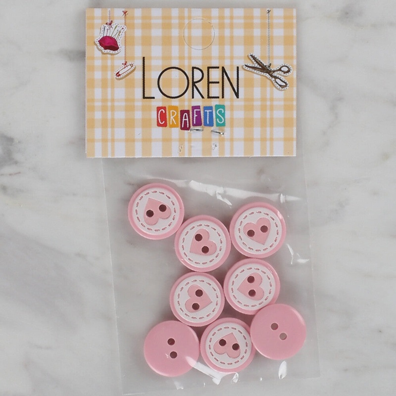 Loren Crafts 8 Pack Heart Patterned Button, Pink – 472