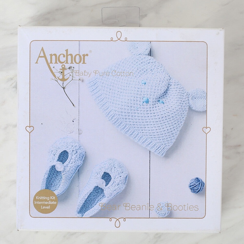 Anchor Baby Pure Cotton Bear Beanie & Booties Kit, Blue – A28B001-09071