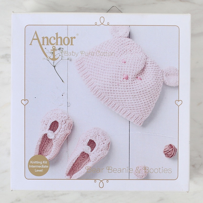 Anchor Baby Pure Cotton Bear Beanie & Booties Kit, Pink – A28B001-09070
