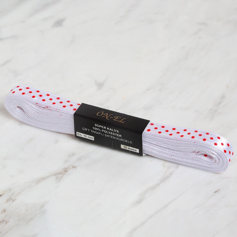 Loren Crafts 1 cm 10 m Satin Spotted Ribbon, White