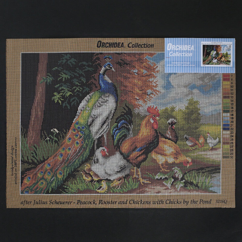 Orchidea 40×60 cm Julius Scheurer Peacock – Rooster And Chickens Wiht Chicks By The Pond Printed Gob