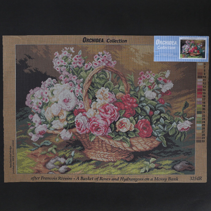 Orchidea 50×70 cm Francois Rivoire Basket Of Roses And Hydrangeas On A Mossy Bank Printed Gobelin 32
