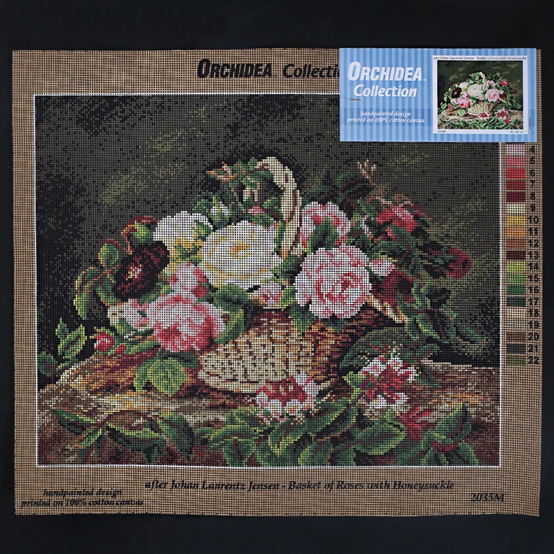 Orchidea 40×50 cm Johan Luarentz Jensen – Basket Of Roses With Honeysuckle Printed Gobelin 2035M