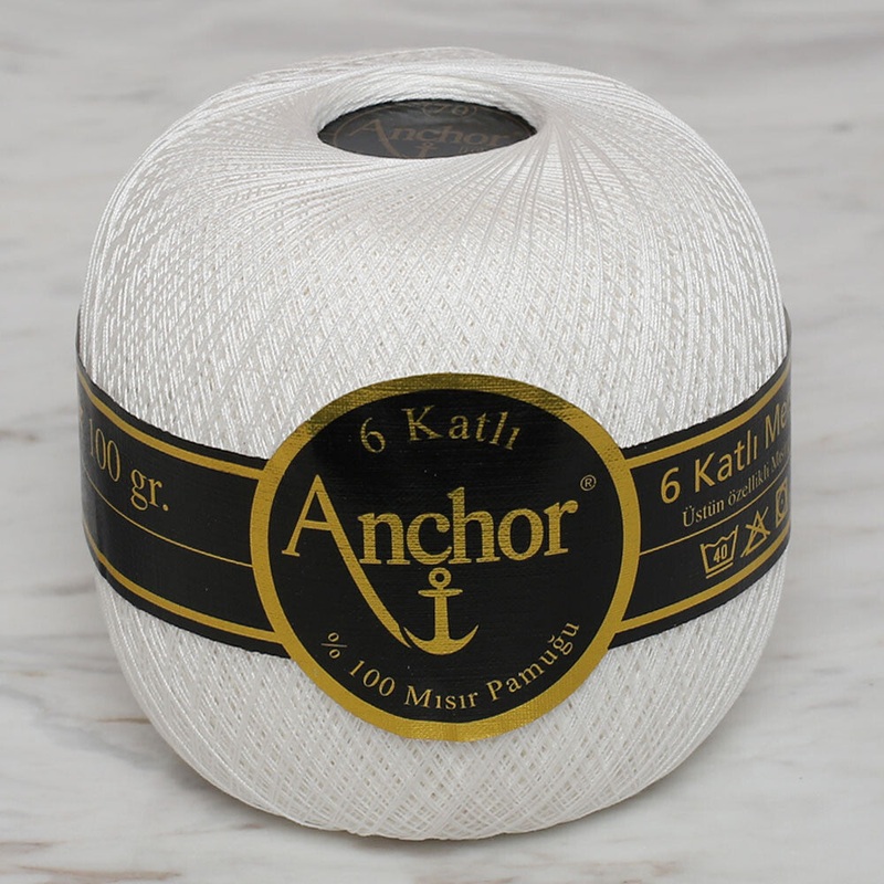 Anchor 6-Ply No:70 100 g Mercerized Cotton Lace Yarn, White