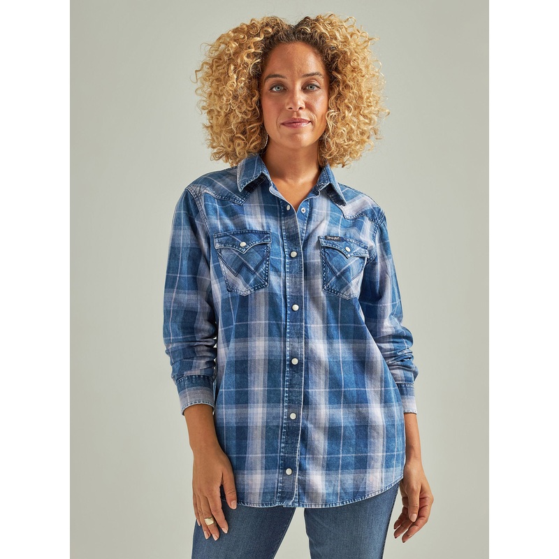 Women’s Wrangler Long Sleeve Western Snap Plaid Western Snap Plaid Denim Shirt In Blue Plaid