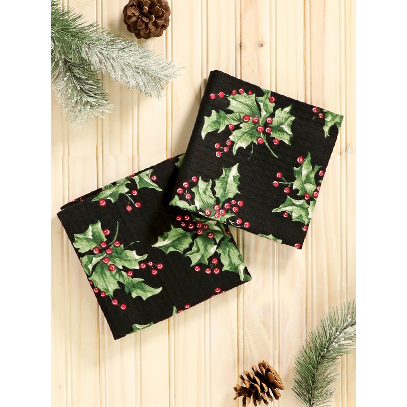 Holly Tea Towel Set Of 2|Black|Red|19X27