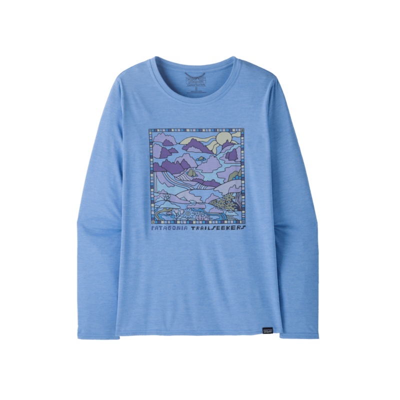 W’s Long Sleeve Capilene Cool Daily Graphic Shirt – Lands – Trailseekers / Abundant Blue X-Dye