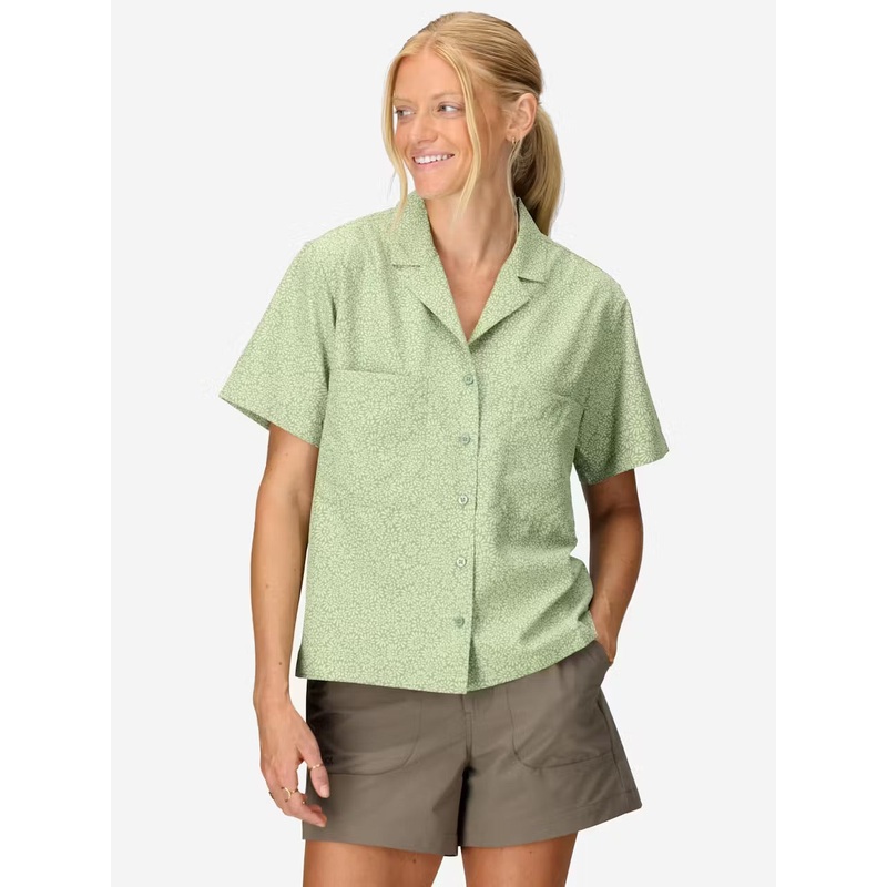 Women’s AirExchange Novelty Camp Short Sleeve Collared Shirt UPF 40 – Agate Green Mini Bloom