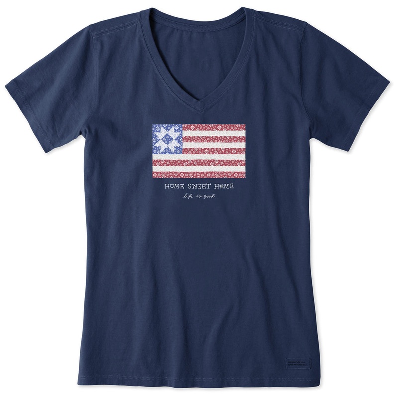 Women’s Home Sweet Home Quilted Flag Short Sleeve Crusher-LITE Vee – Darkest Blue