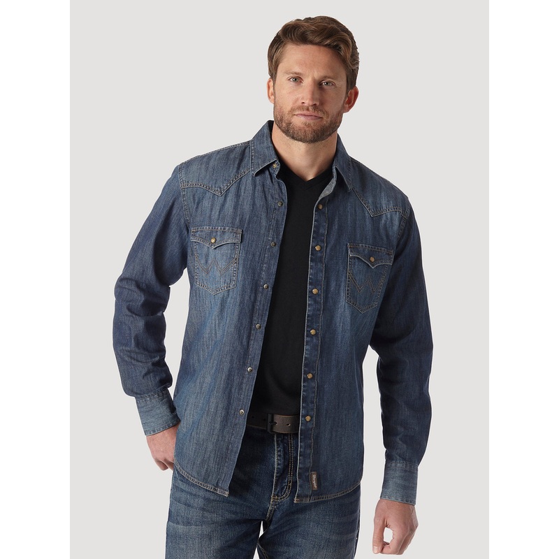 Men’s Wrangler Retro Long Sleeve Blue Denim Western Shirt In Blue Denim