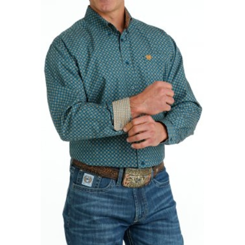 Men’s Medallion Print Button-Down Long Sleeve Western Shirt – Blue / Orange