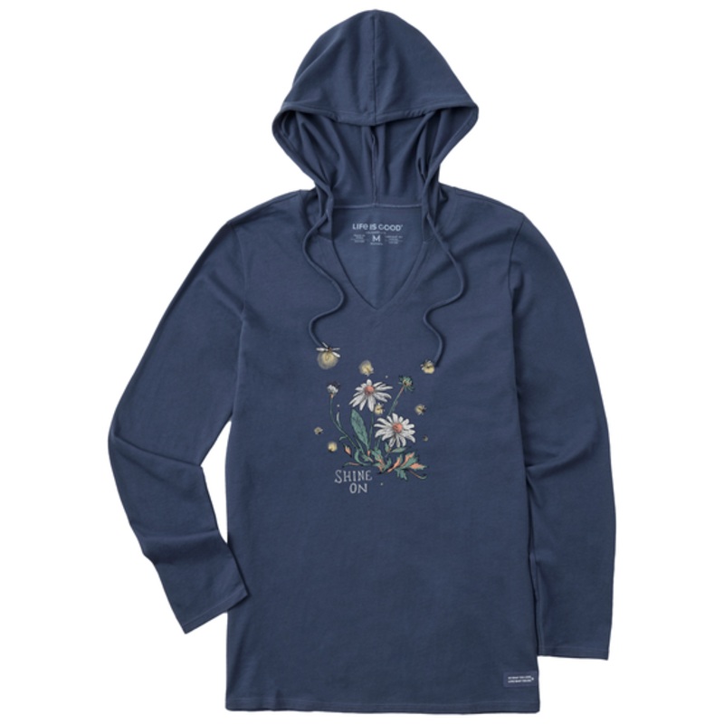 Women’s Dreamy Shine On Daisies Long-Sleeve Crusher-LITE Hooded Tee – Darkest Blue