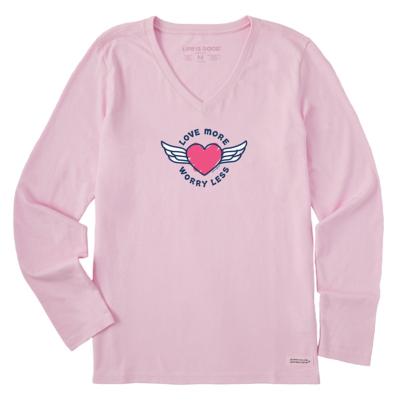 Women’s Love More Heart Wings Long-Sleeve Crusher-LITE Vee – Seashell Pink