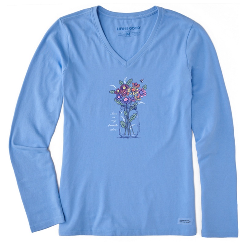Women’s Relaxed Rainbow Love Daisies Long-Sleeve Crusher-LITE Vee – Cornflower Blue