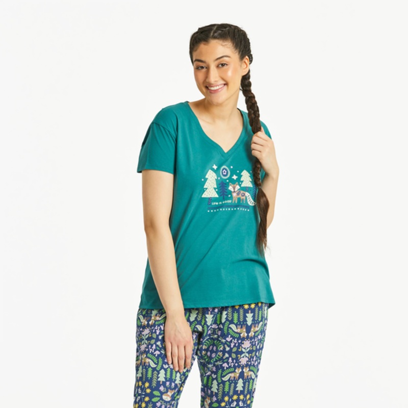 Women’s Starry Night Nordic Fox Snuggle Up Relaxed Short-Sleeve Vee – Spruce Green