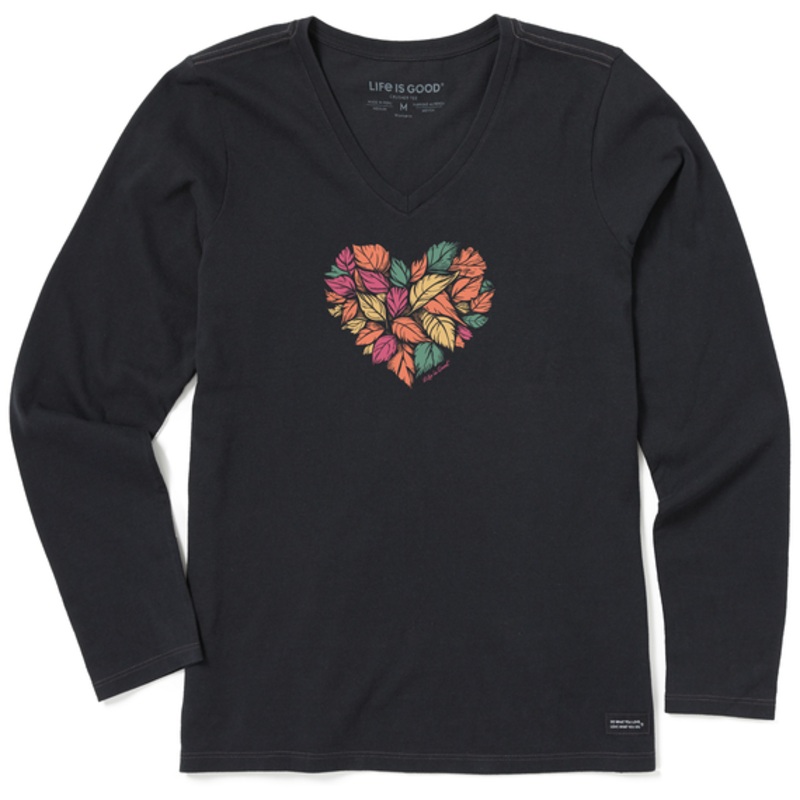 Women’s Woodcut Leaf Heart Long-Sleeve Crusher-LITE Vee – Jet Black
