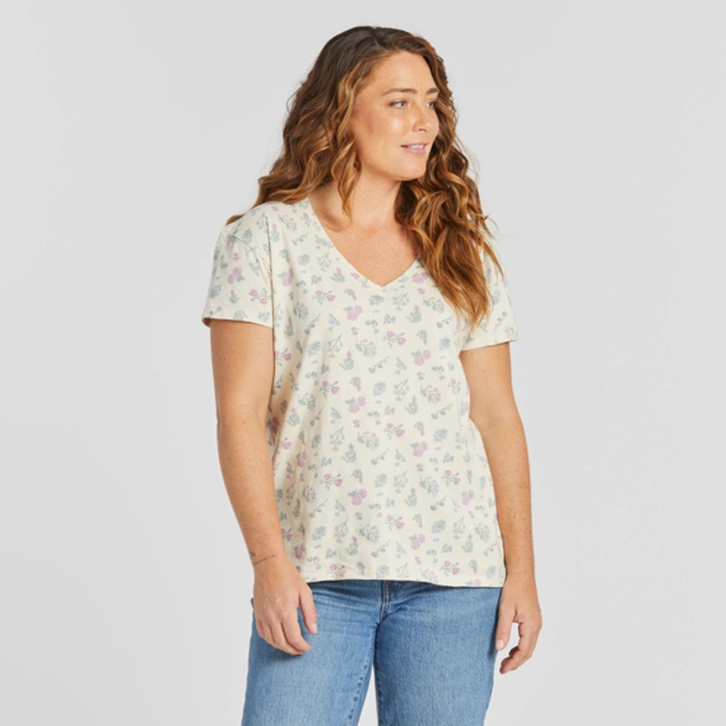 Women’s Botanical Wildflower Pattern Crusher-LITE Short-Sleeve Easy Vee – Putty White