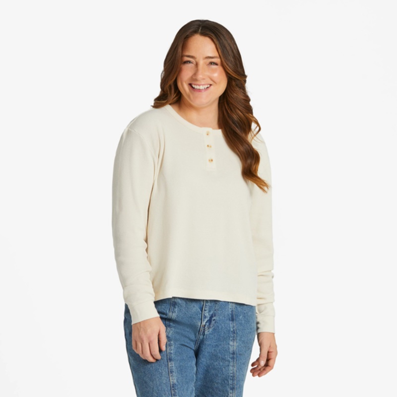 Women’s Solid Boxy Thermal Long-Sleeve Henley – Putty White