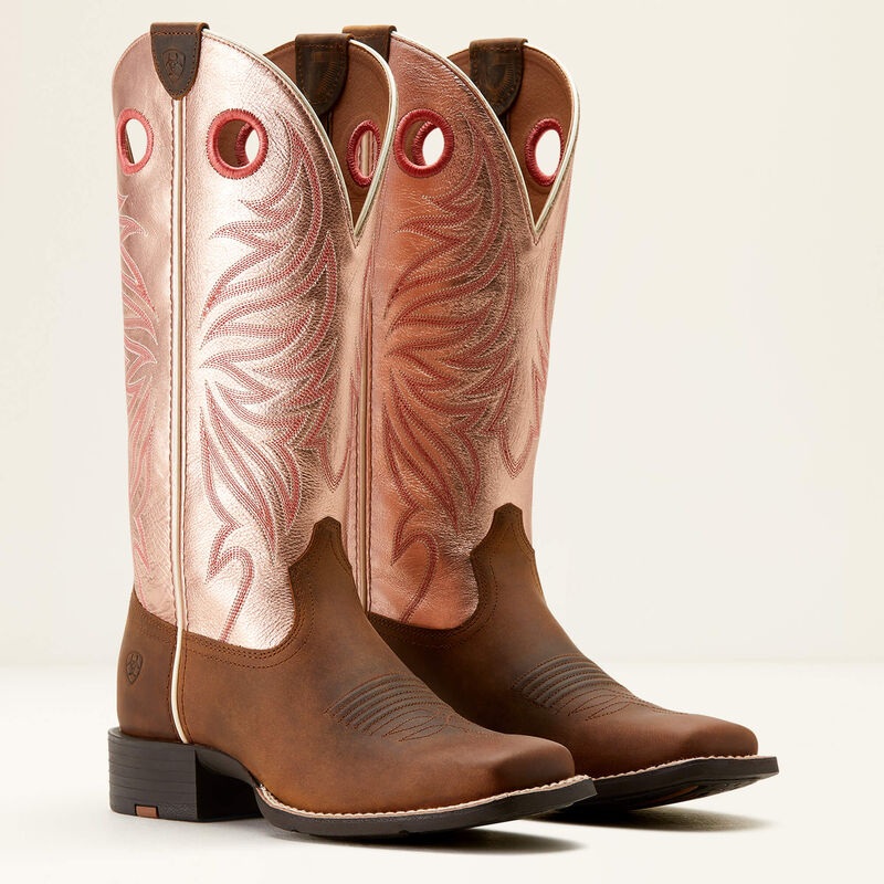 Women’s Round Up Ryder Western Boot – Distressed Brown & Golden Pink