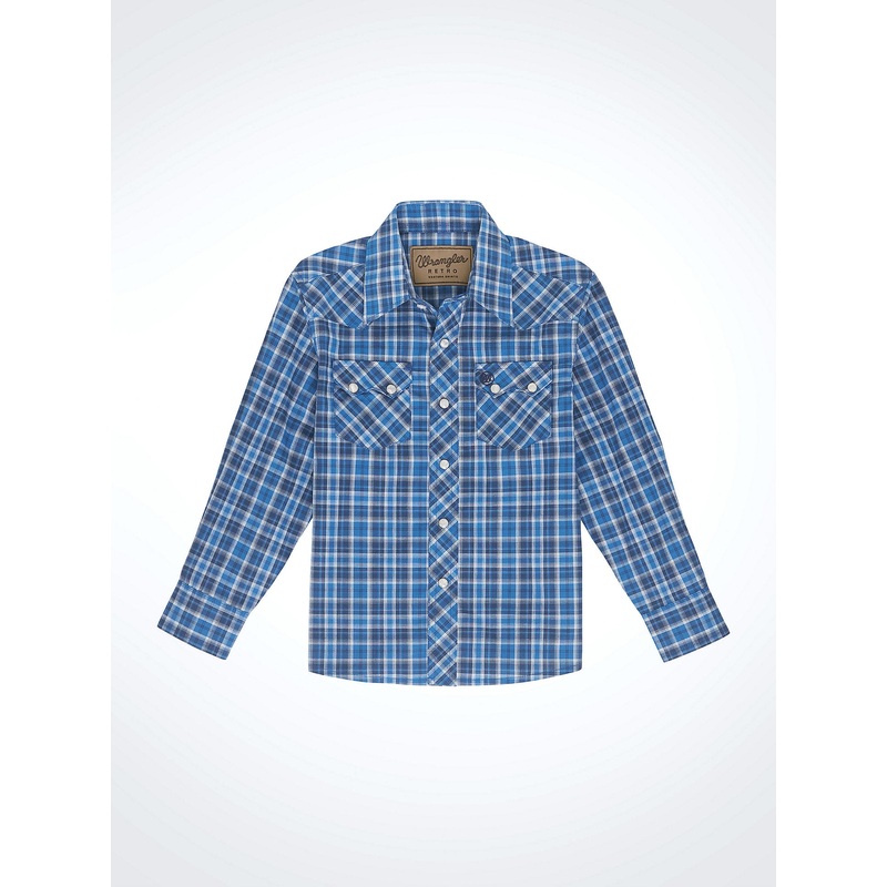 Boys’ Retro Western Snap Plaid Shirt with Front Sawtooth Pockets – Azure Chromatic