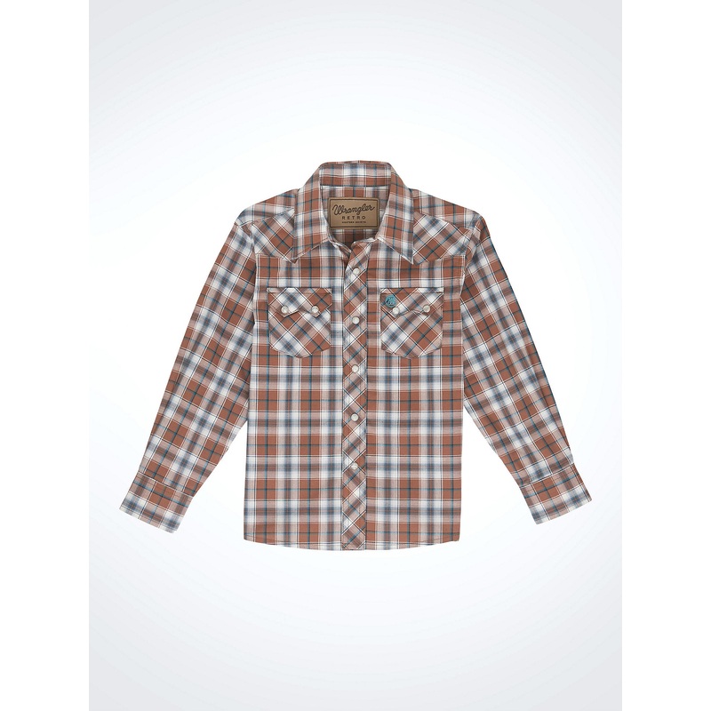Boys’ Retro Western Snap Plaid Shirt with Front Sawtooth Pockets – Brown Bark