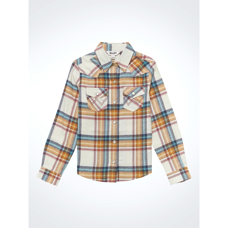 Girls’ Long Sleeve Flannel Plaid Western Snap Shirt – White Multi