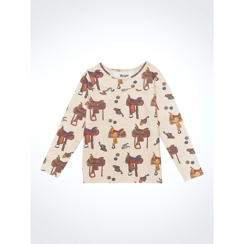 Girls’ Saddle Print Western Yoke Knit Top – Beige Saddle