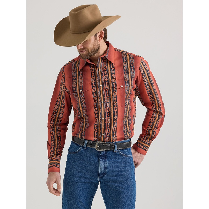 Men’s Checotah Long Sleeve Western Snap Printed Shirt – Rusty Orange