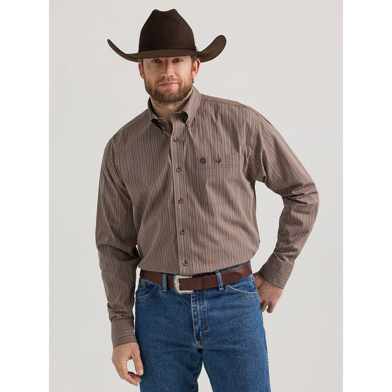 Men’s George Strait Long Sleeve Button Down One Pocket Shirt – Brown Cliff Stripe