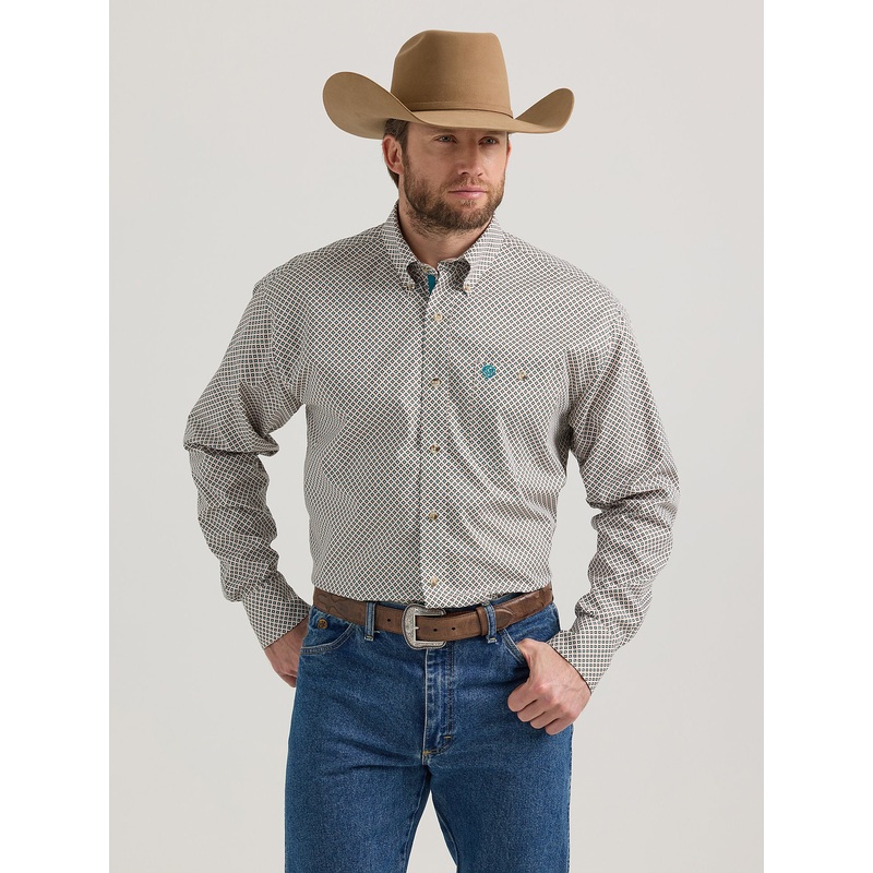 Men’s George Strait Long Sleeve Button Down One Pocket Shirt – Tan Diamonds