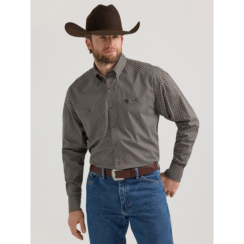 Men’s George Strait Long Sleeve Button Down Two Pocket Shirt – Starry Brown