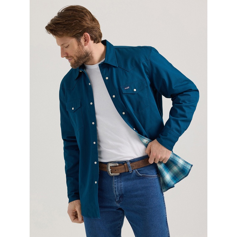 Men’s Long Sleeve Flannel Lined Solid Work Shirt – Deep Teal