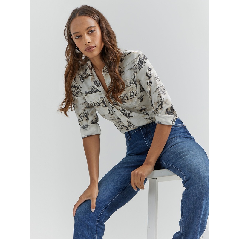 Women’s Bold Bucking Cowboy Western Snap Shirt – Birch