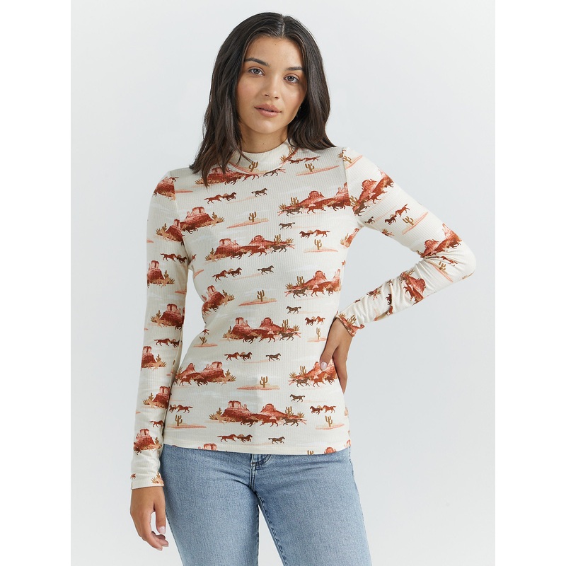 Women’s Horse Print Mock Neck Shirt – Creamsicle