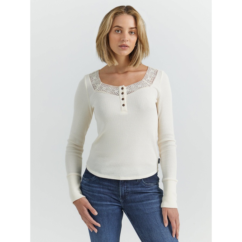 Women’s Lace Waffle Henley – Cream