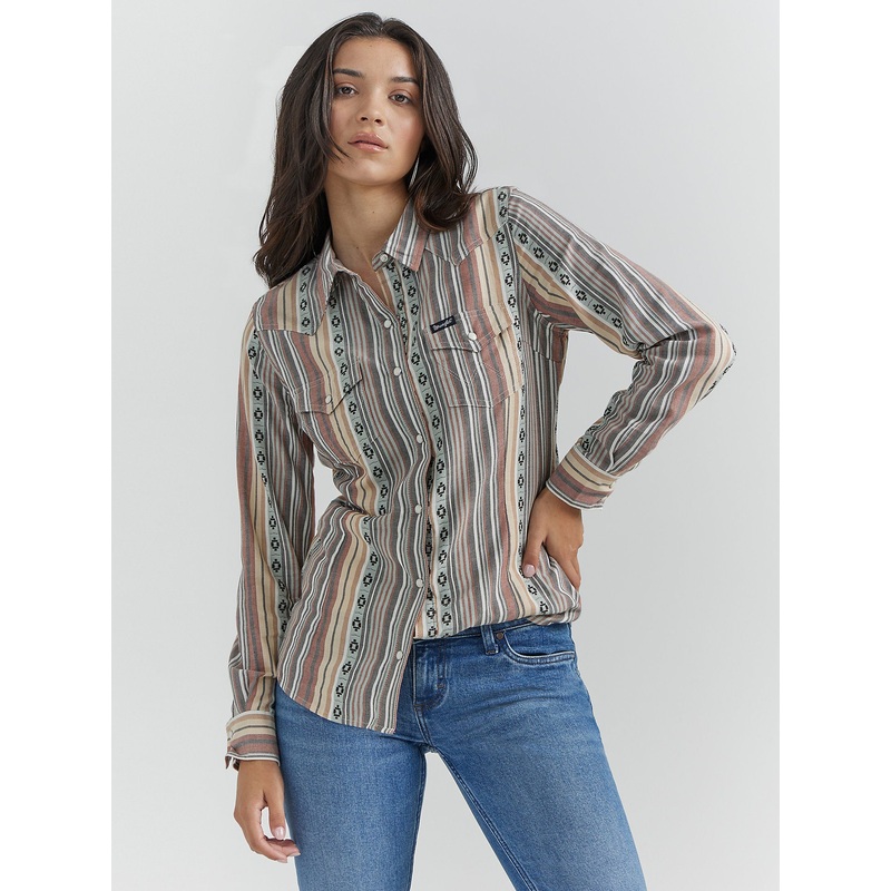 Women’s Retro Long Sleeve Southwestern Stripe Western Snap Shirt – Pink Blue Stripe