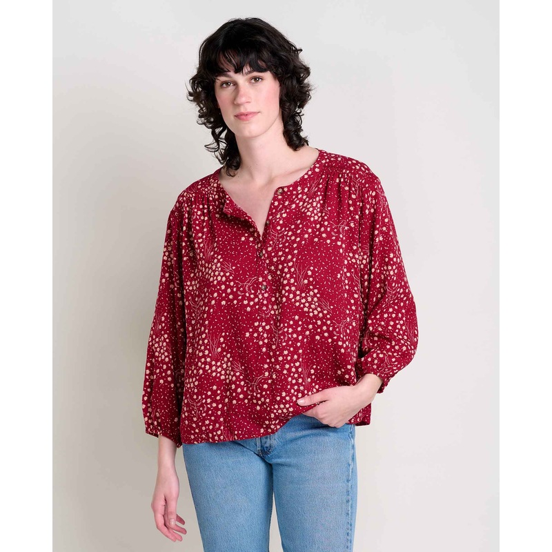 Women’s Manzana Long-Sleeve Peasant Top – Berry Floral Print