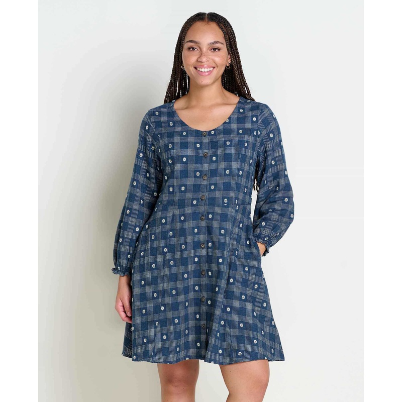 Women’s Maple Button Front Long-Sleeve Dress – Navy Small Dobby