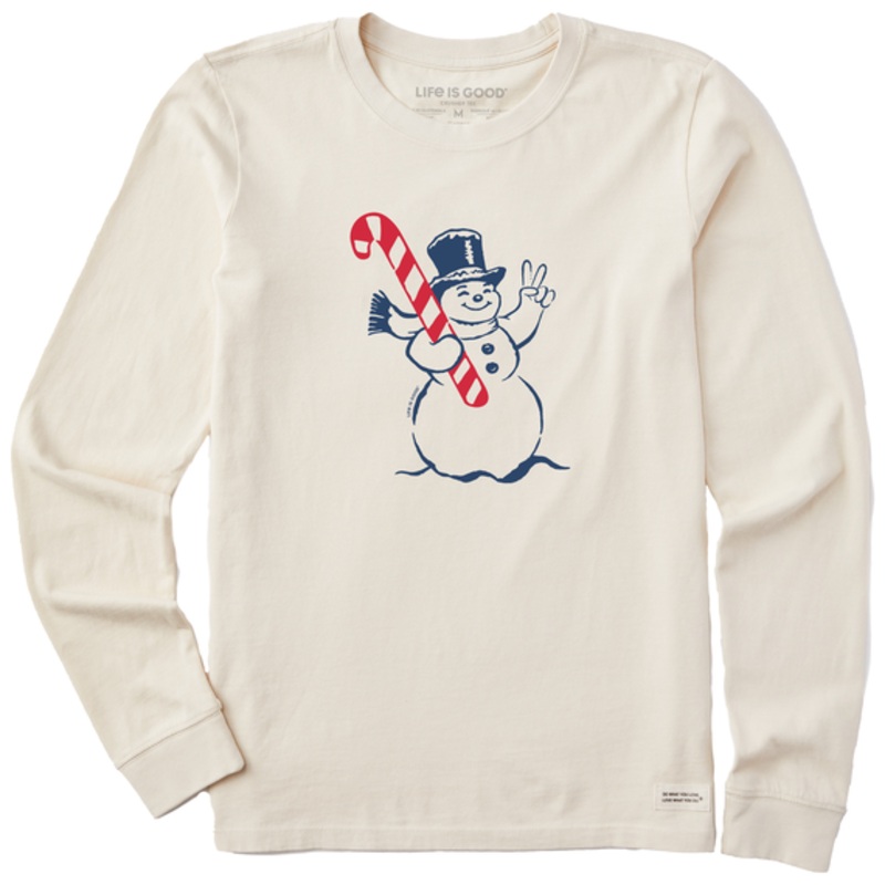 Women’s Retro Peace Snowman Long-Sleeve Crusher Tee – Putty White